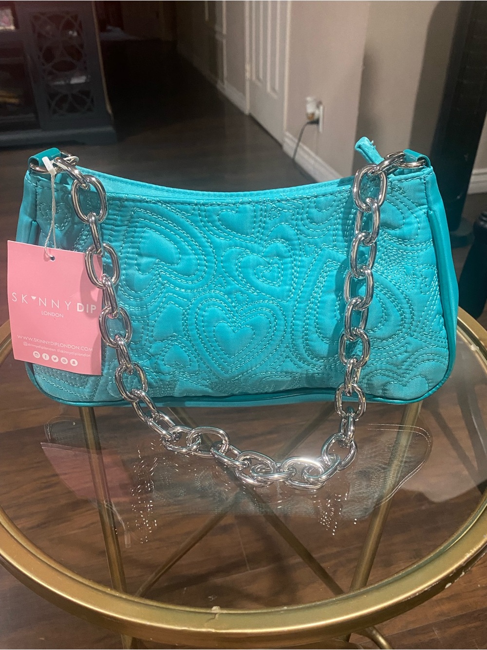 Skinnydip Turquoise Quilted Heart Shoulder Bag with Silver Chain